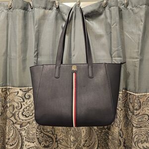 Elegant Black Tote Bag with Red and White Stripe